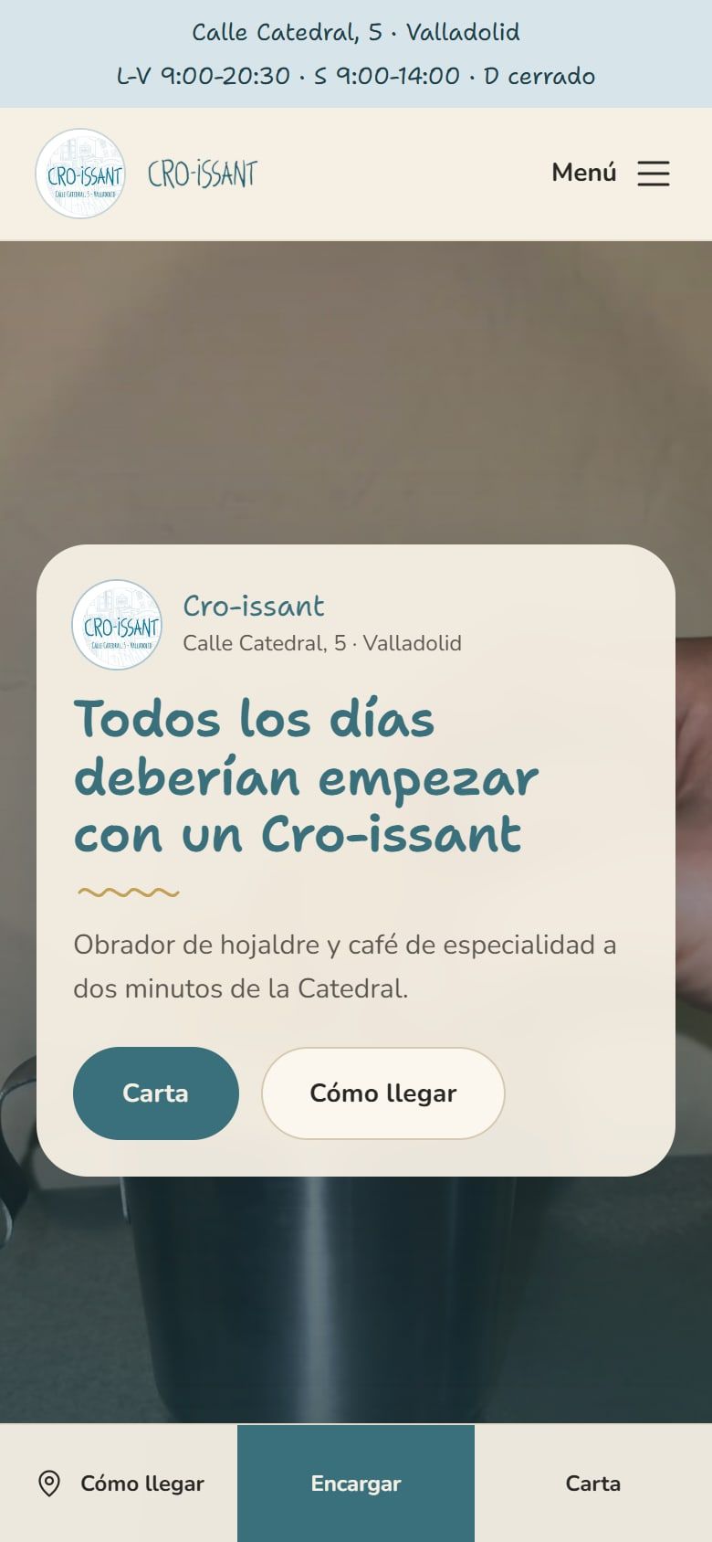 La web de Cro-issant vista en móvil, con la carta y cómo llegar a un toque