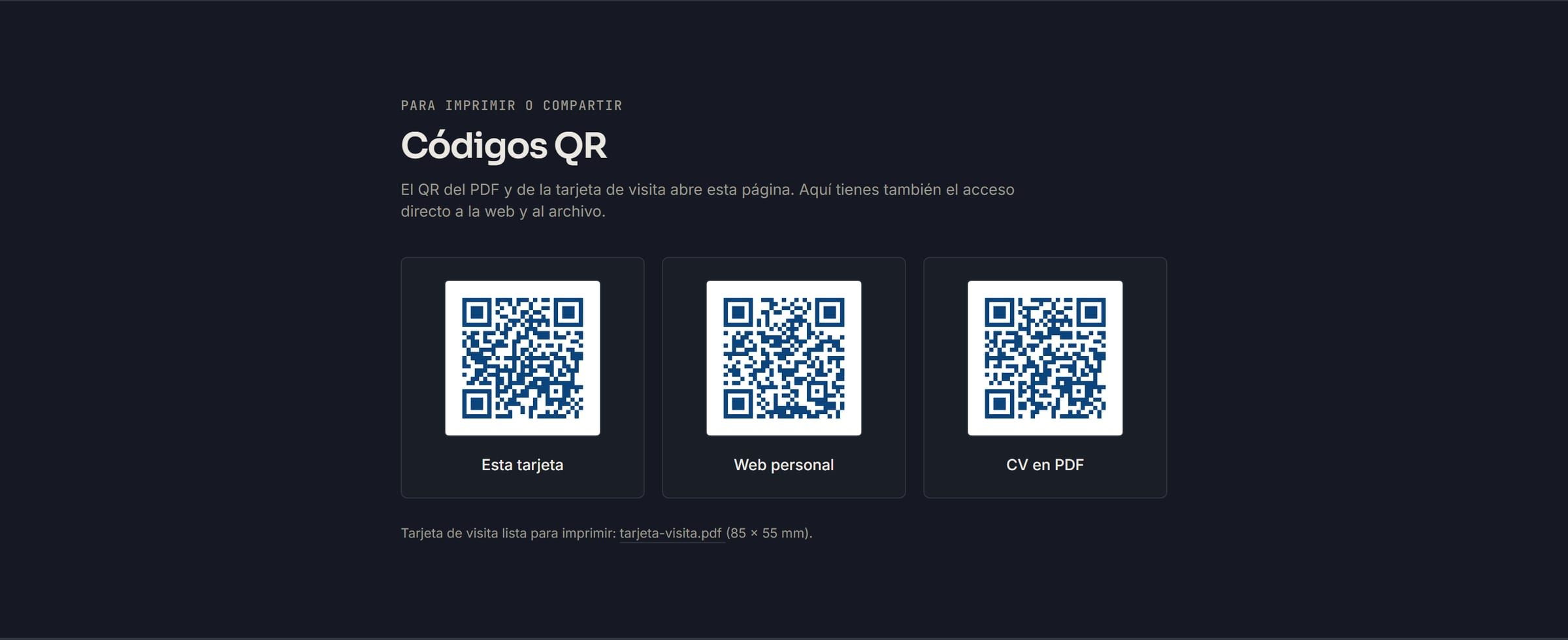 Códigos QR de la tarjeta, la web y el CV en PDF, con el enlace a la tarjeta de visita para imprimir