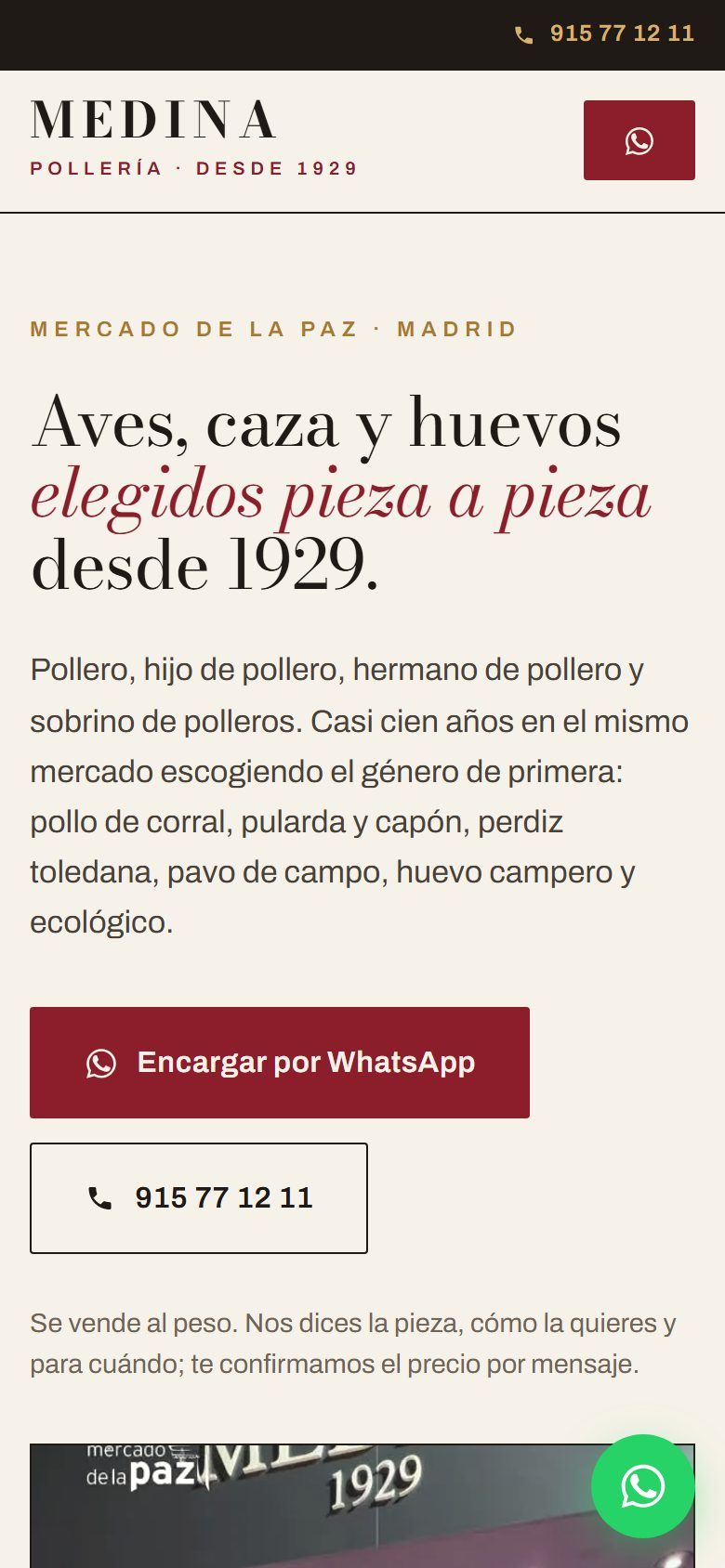 La web de Pollería Medina vista en móvil, con el encargo por WhatsApp y el teléfono a un toque